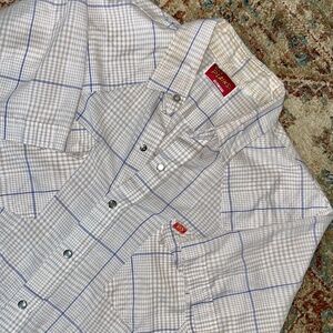 Vtg Ely Plains Pearl Snap Shirt Short Sleeve Tan Blue